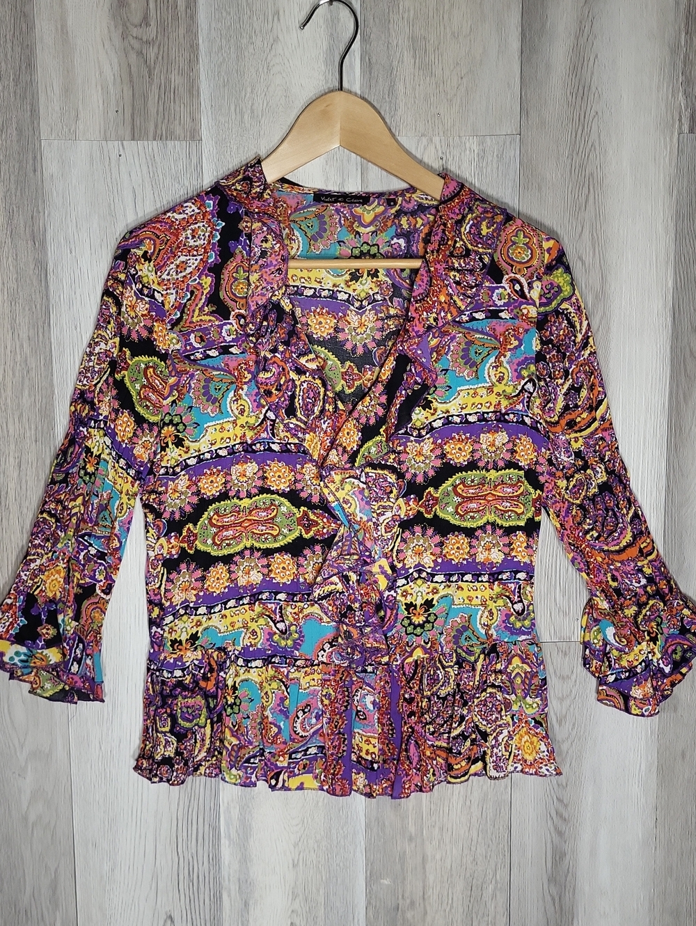 Violet & Claire Paisley Ruffle Front Peplum Blouse Bell Sleeve Top Womens S Boho